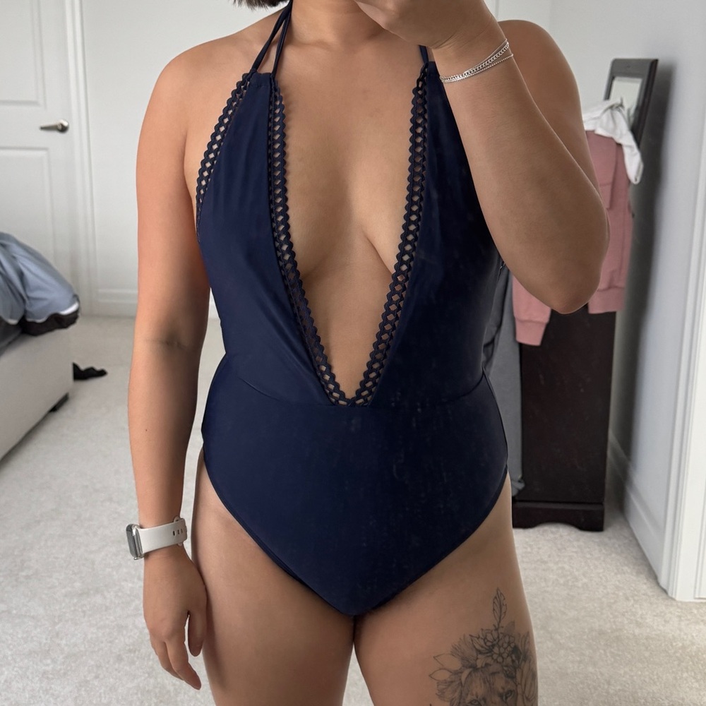 Aerie Plunge Neck One Piece Navy Blue Swimsuit